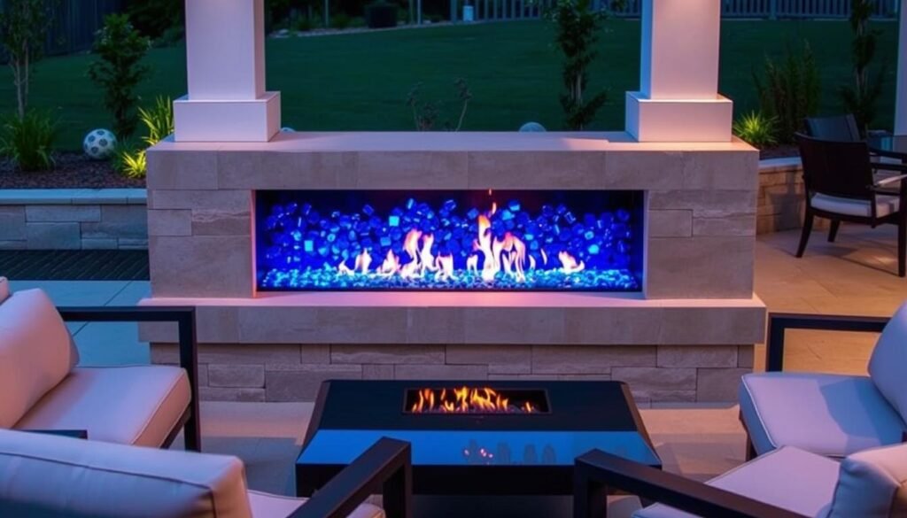 Modern gas outdoor fireplace with glass media and contemporary seating