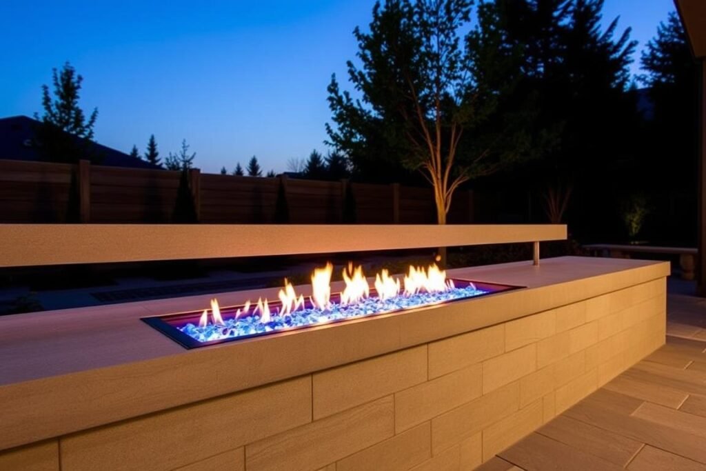 Modern gas outdoor fireplace with linear design and glass fire media