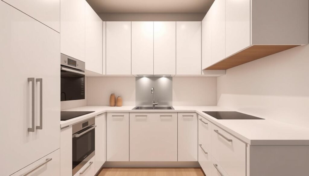 Modern handleless kitchen cabinets with push-to-open mechanism Modern handleless kitchen cabinets with push-to-open mechanism