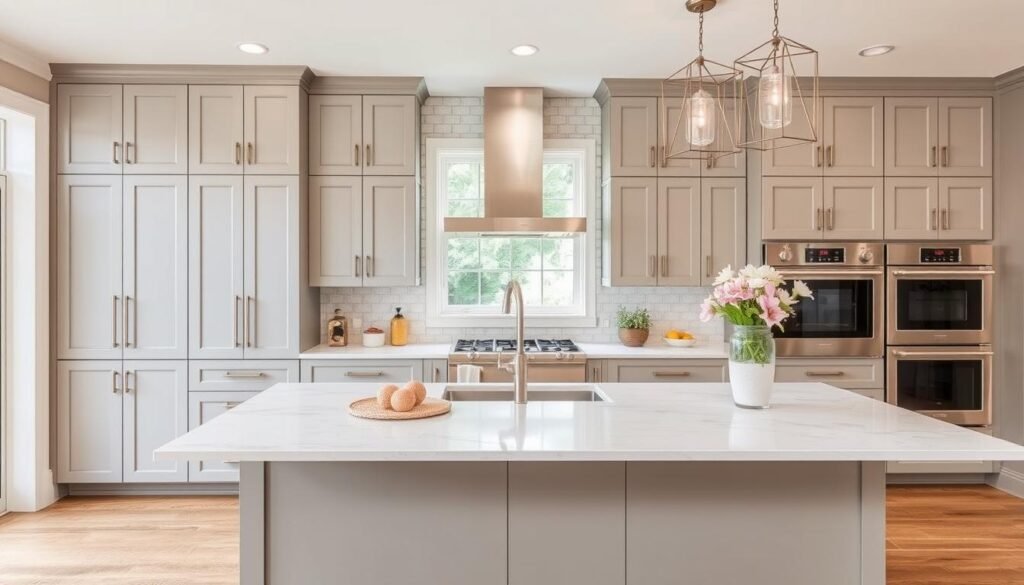 Modern interpretation of Shaker cabinets with slim frame and minimal hardware Modern interpretation of Shaker cabinets with slim frame and minimal hardware