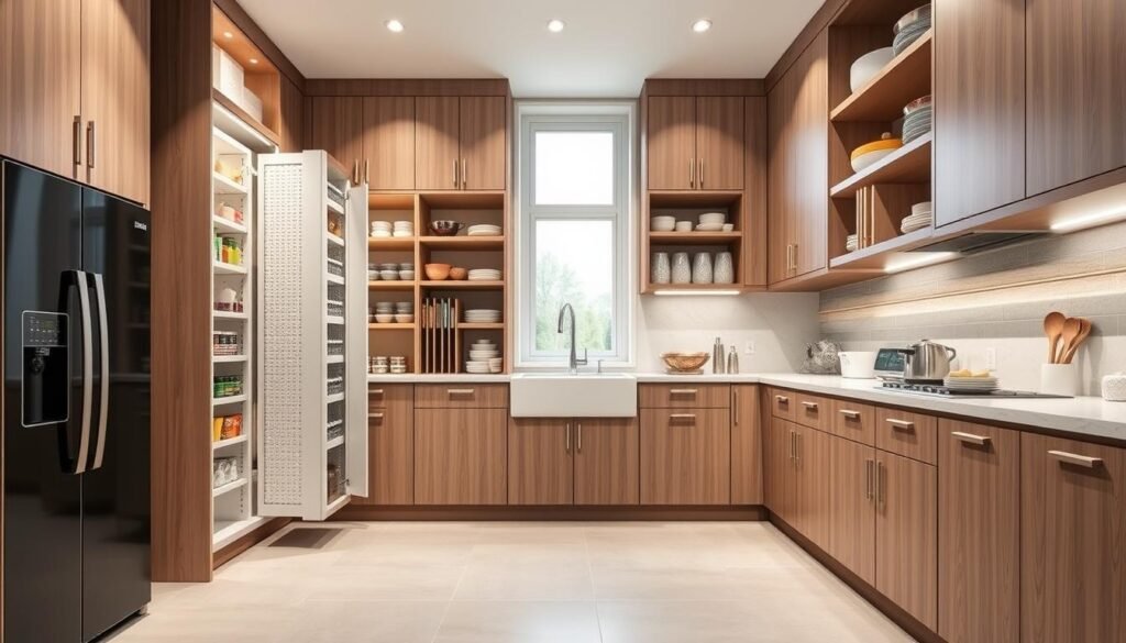 Modern kitchen utilizing vertical space with tall cabinets and pull-out systems Modern kitchen utilizing vertical space with tall cabinets and pull-out systems