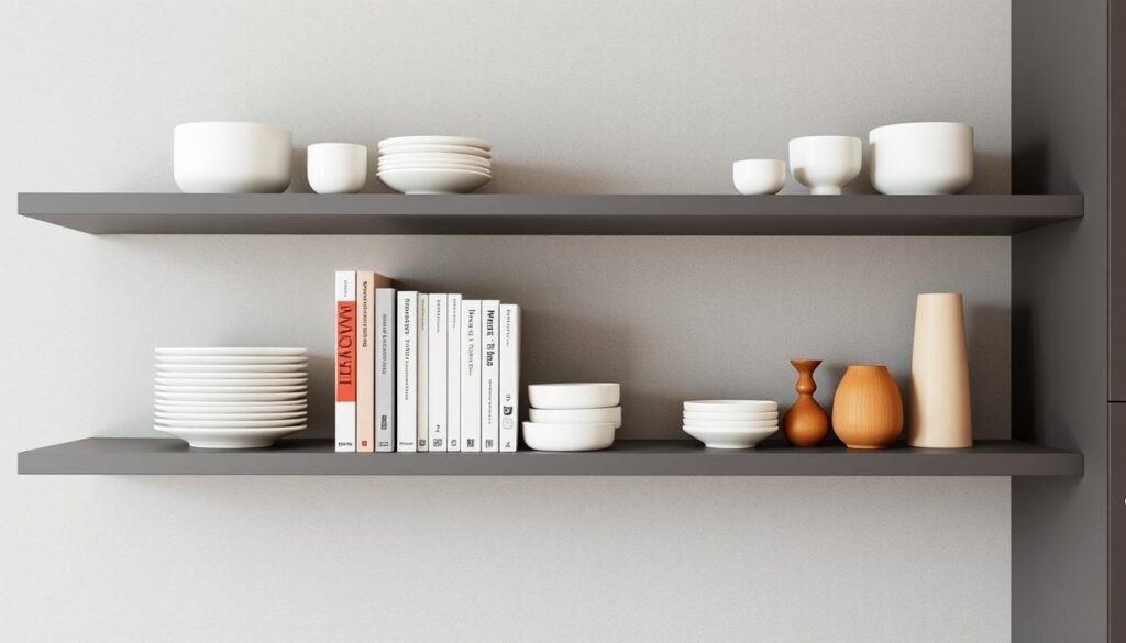 Modern kitchen with carefully curated open shelving displaying minimal items Modern kitchen with carefully curated open shelving displaying minimal items