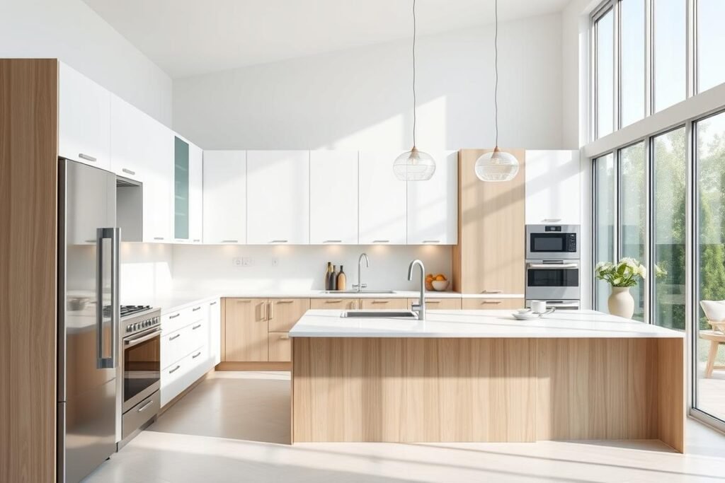 Modern kitchen with clean lines, minimalist design, and integrated smart appliances Modern kitchen with clean lines, minimalist design, and integrated smart appliances