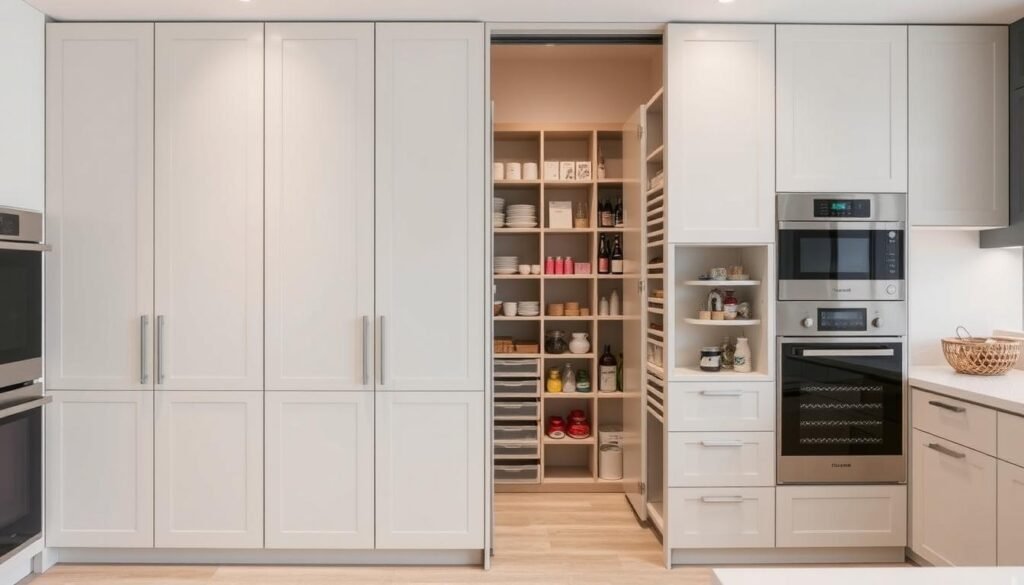 Modern kitchen with concealed walk-in pantry behind panel doors Modern kitchen with concealed walk-in pantry behind panel doors