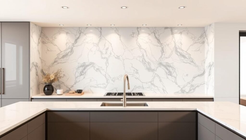Modern kitchen with full-height marble backsplash extending to ceiling Modern kitchen with full-height marble backsplash extending to ceiling