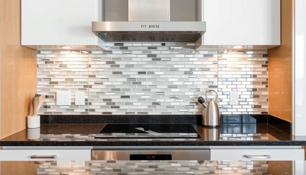 Modern kitchen with glass and metal mosaic backsplash reflecting light Modern kitchen with glass and metal mosaic backsplash reflecting light