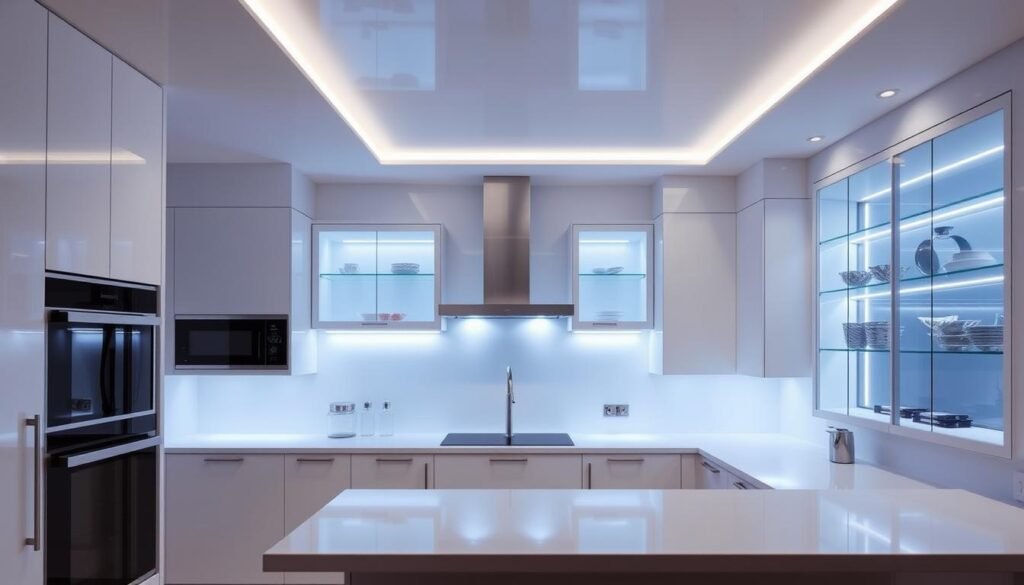 Modern kitchen with integrated LED lighting under cabinets and within shelving Modern kitchen with integrated LED lighting under cabinets and within shelving