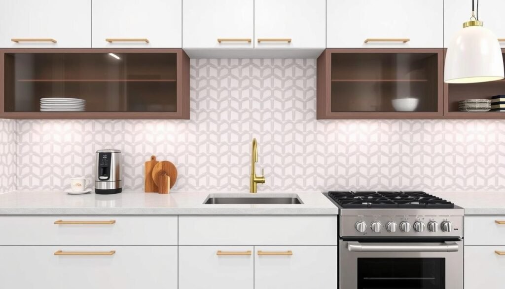 Modern kitchen with large-format geometric tiles as backsplash Modern kitchen with large-format geometric tiles as backsplash