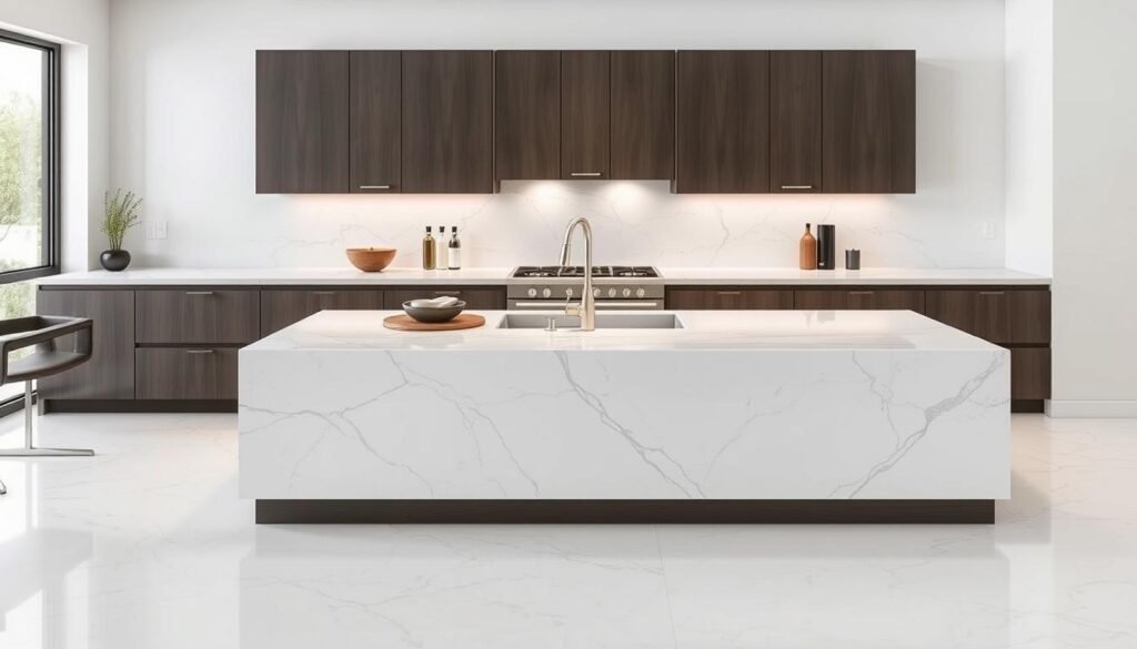 Modern kitchen with large-format porcelain countertops and matching backsplash Modern kitchen with large-format porcelain countertops and matching backsplash