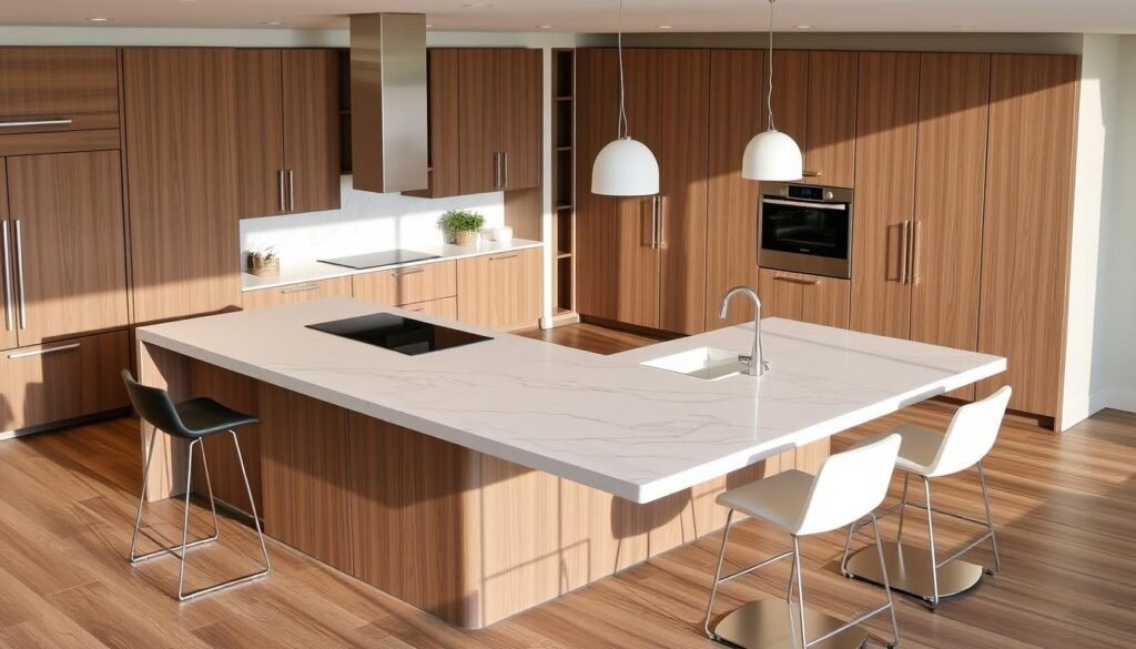 Modern kitchen with large multifunctional island as central feature Modern kitchen with large multifunctional island as central feature