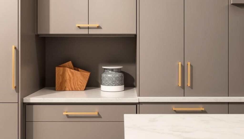 Modern kitchen with minimal linear hardware in brushed metal finish Modern kitchen with minimal linear hardware in brushed metal finish