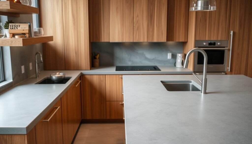 Modern kitchen with polished concrete countertops and industrial elements Modern kitchen with polished concrete countertops and industrial elements