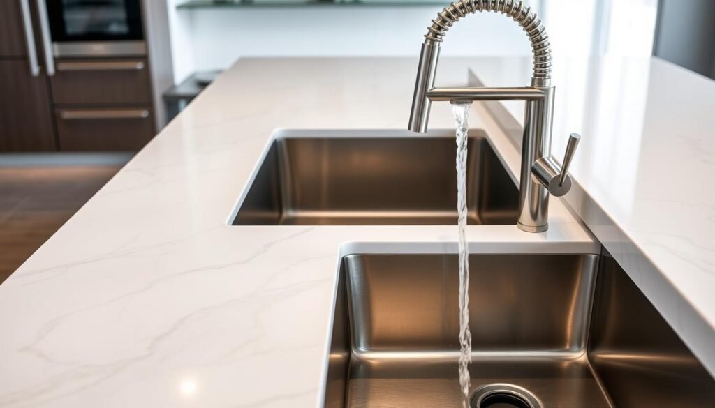 Modern kitchen with quartz countertops, undermount sink, and touchless faucet Modern kitchen with quartz countertops, undermount sink, and touchless faucet