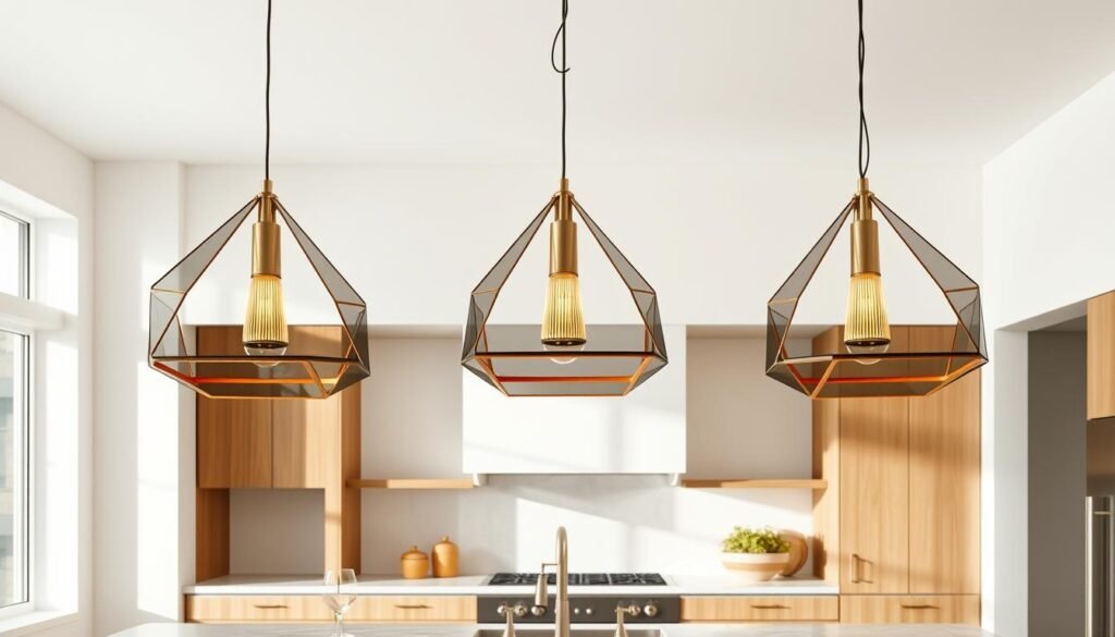 Modern kitchen with sculptural pendant lights over island Modern kitchen with sculptural pendant lights over island