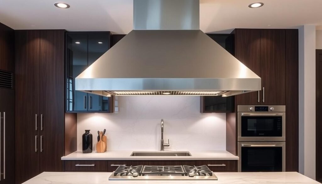 Modern kitchen with sculptural range hood as focal point Modern kitchen with sculptural range hood as focal point