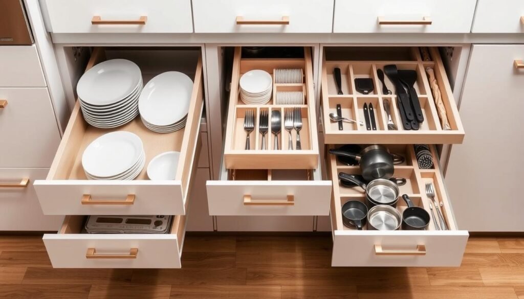 Modern kitchen with specialized drawer organization systems Modern kitchen with specialized drawer organization systems