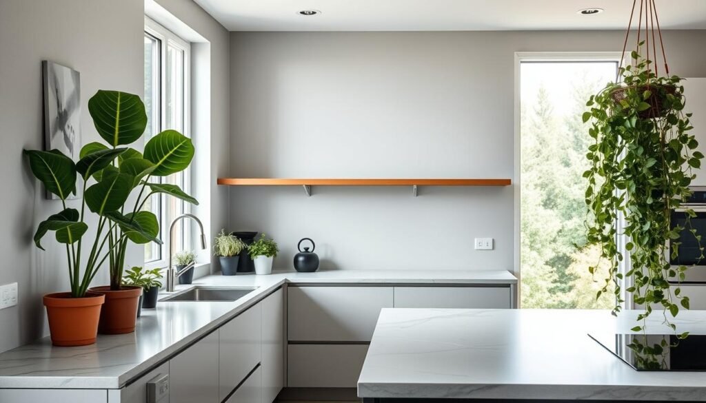 Modern kitchen with strategically placed indoor plants adding natural elements Modern kitchen with strategically placed indoor plants adding natural elements