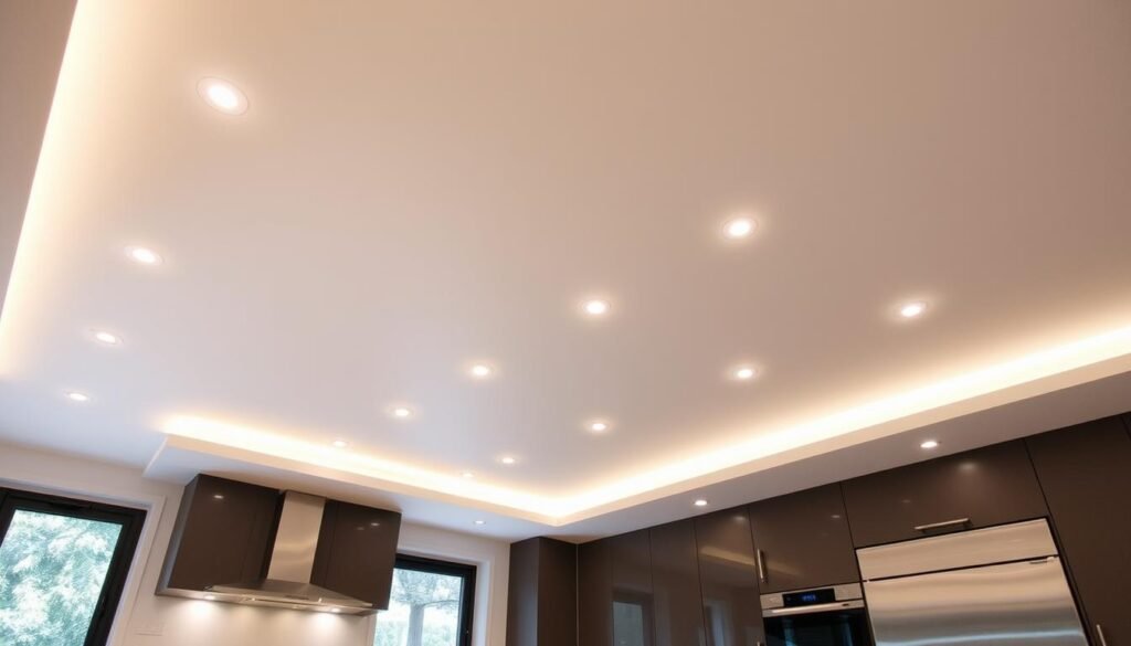 Modern kitchen with strategically placed recessed lighting and smart controls Modern kitchen with strategically placed recessed lighting and smart controls