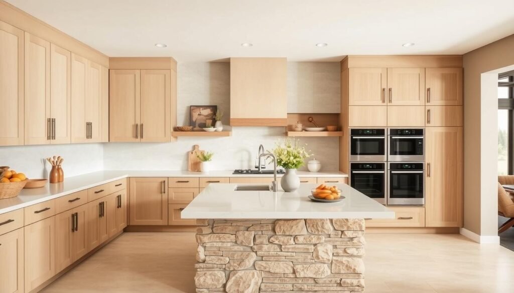 Modern kitchen with warm neutral color palette and natural materials Modern kitchen with warm neutral color palette and natural materials