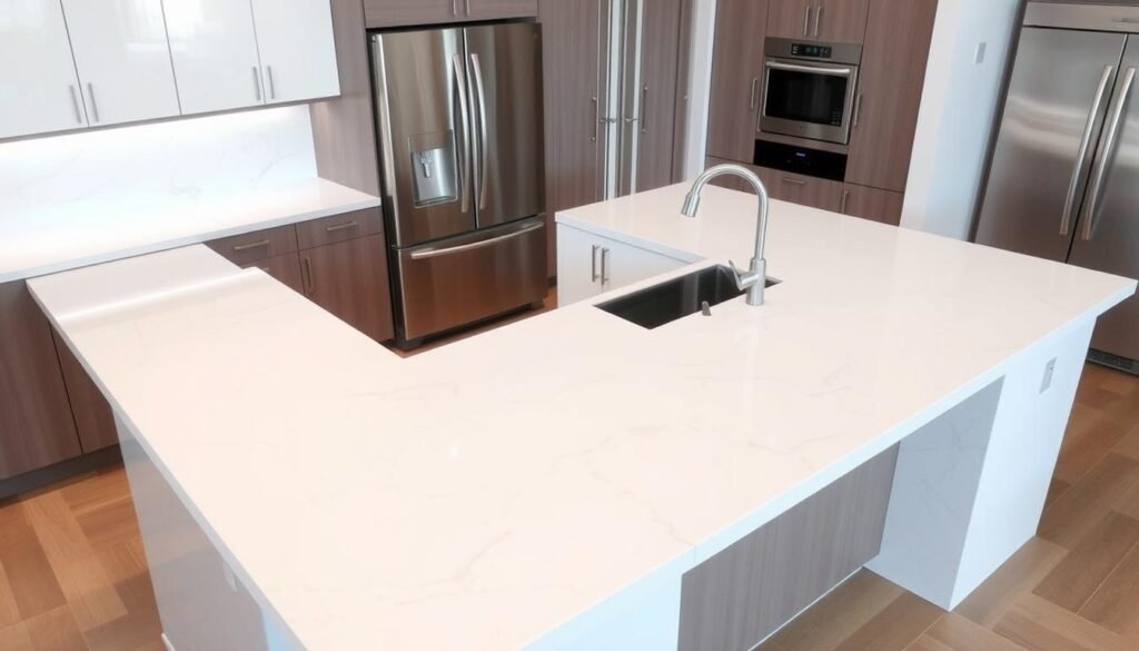 Modern kitchen with white quartz countertops and waterfall island Modern kitchen with white quartz countertops and waterfall island