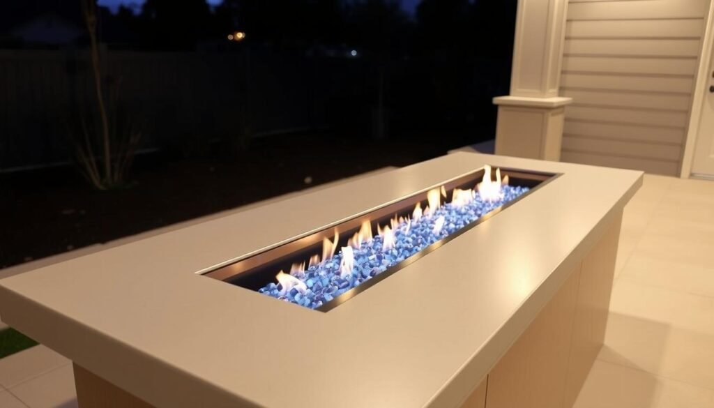 Modern linear gas outdoor fireplace with glass media and minimal surround