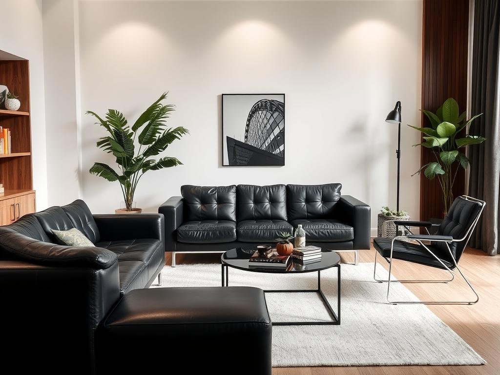 Modern living room with black leather sofa and accent chairs Modern living room with black leather sofa and accent chairs