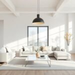 Modern living room with clean lines, neutral color palette, and statement lighting