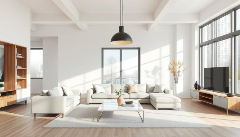 Modern living room with clean lines, neutral color palette, and statement lighting