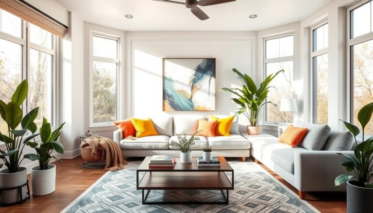 Modern living room with statement wall art and layered textures