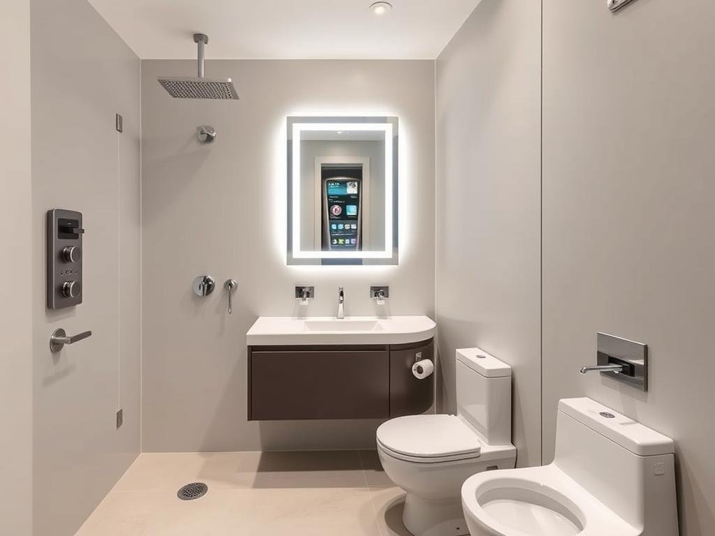 Modern master bathroom with integrated smart technology features Modern master bathroom with integrated smart technology features