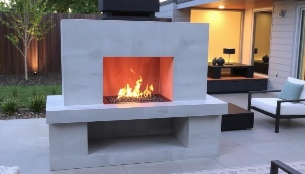 Modern minimalist DIY outdoor fireplace made with board-formed concrete