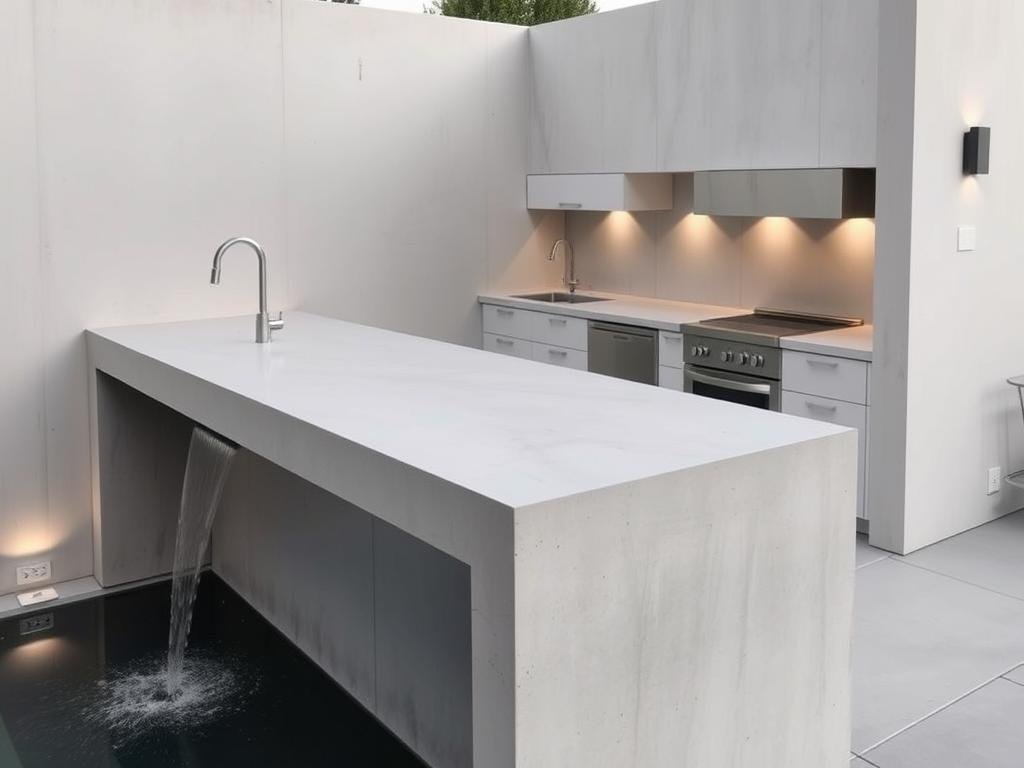 Modern minimalist concrete outdoor kitchen with clean lines and waterfall edge