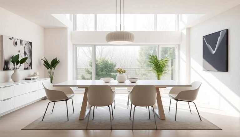 Modern minimalist dining room with clean lines, neutral colors, and statement pendant lighting