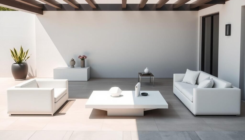 Modern minimalist outdoor furniture with clean lines, neutral colors, and sleek materials Modern minimalist outdoor furniture with clean lines, neutral colors, and sleek materials