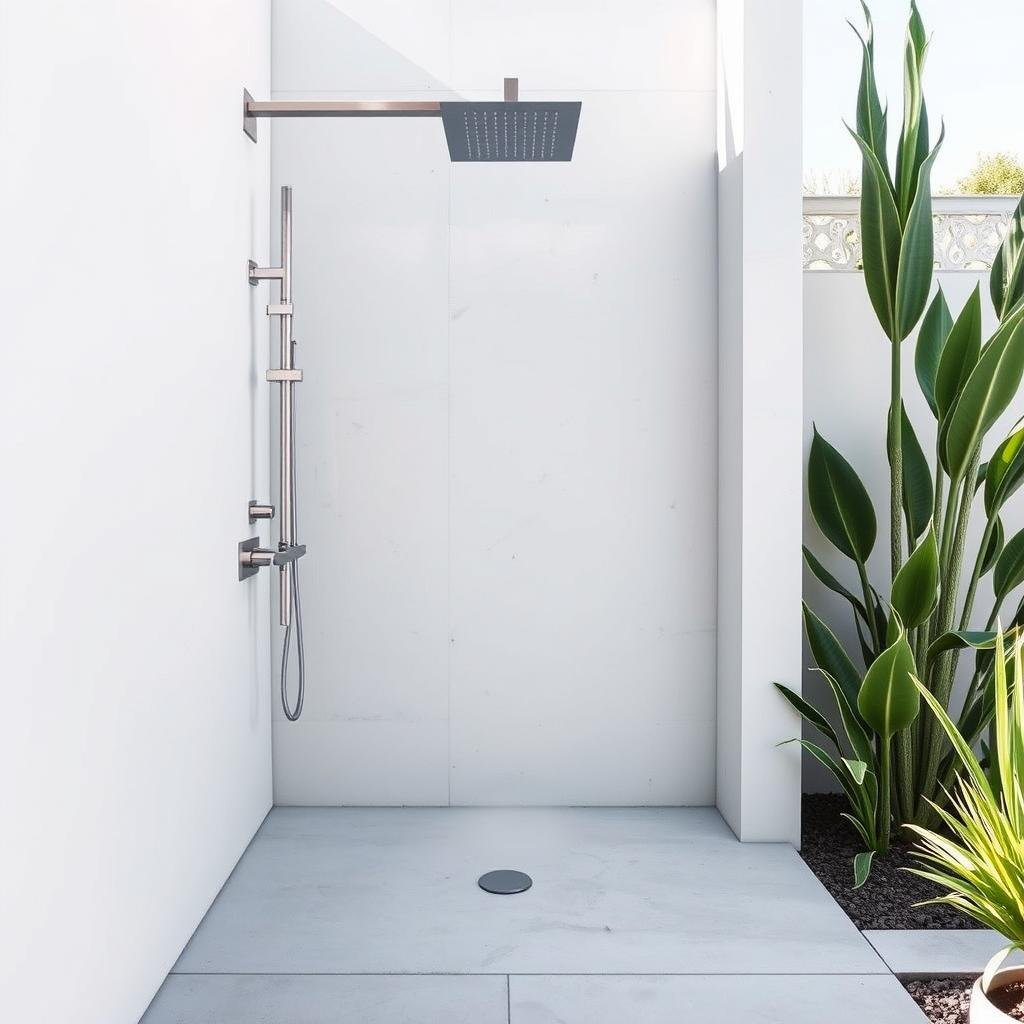 Modern minimalist outdoor shower with clean lines and concrete
