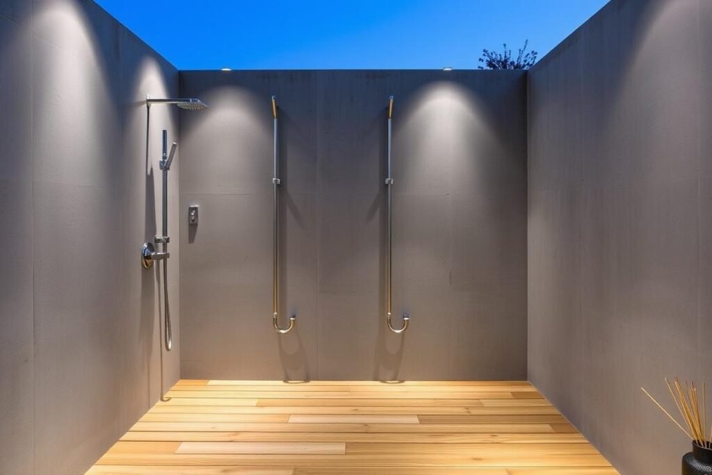 Modern minimalist outdoor shower with concrete privacy walls and sleek fixtures Modern minimalist outdoor shower with concrete privacy walls and sleek fixtures