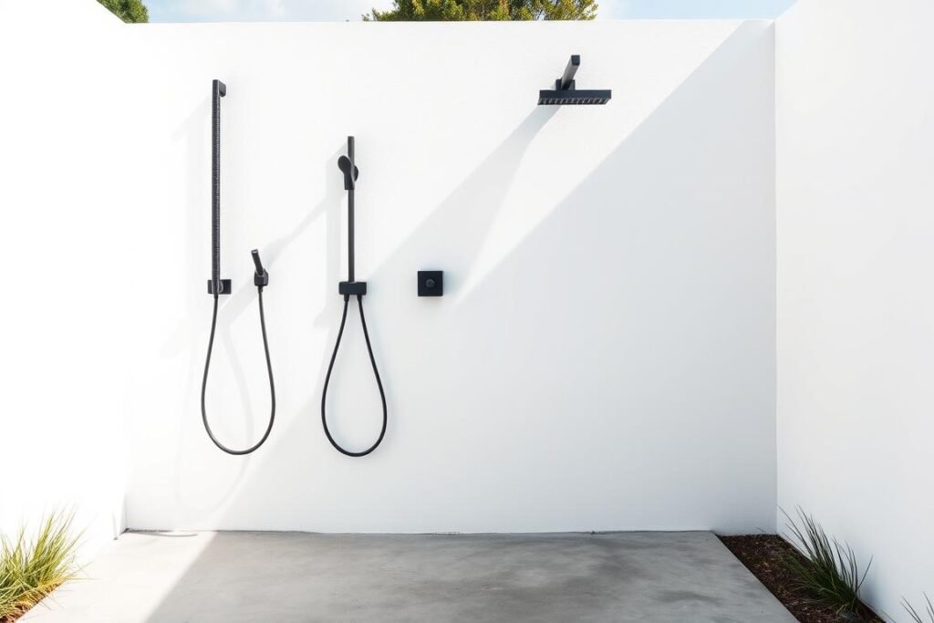 Modern minimalist outdoor shower with sleek black fixtures against white walls