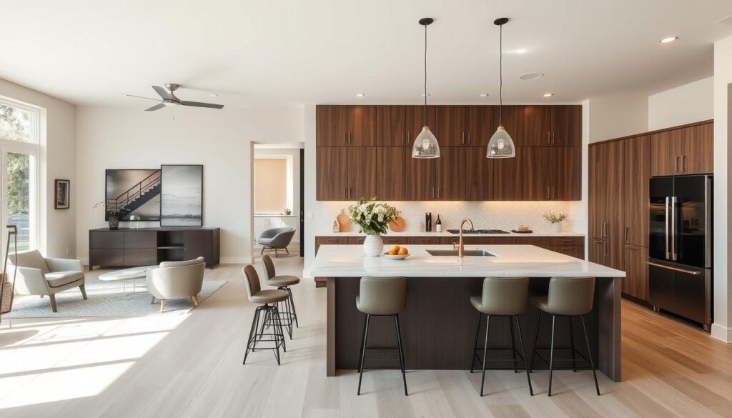 Modern open concept kitchen connected to living and dining areas Modern open concept kitchen connected to living and dining areas