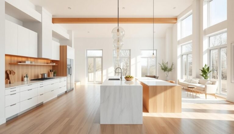 Modern open kitchen design with island and living space