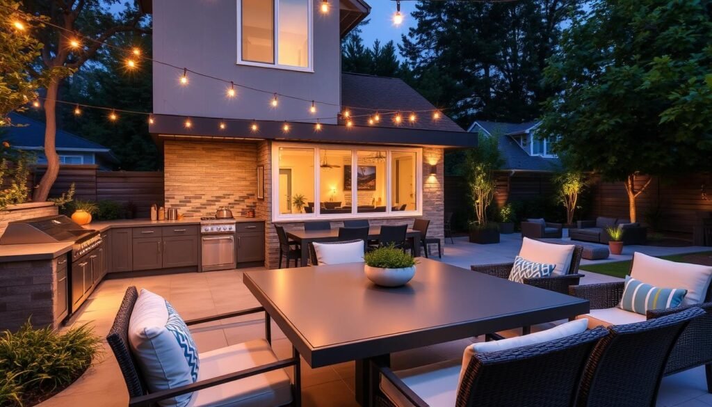 Modern outdoor dining area adjacent to kitchen with comfortable seating and ambient lighting Modern outdoor dining area adjacent to kitchen with comfortable seating and ambient lighting