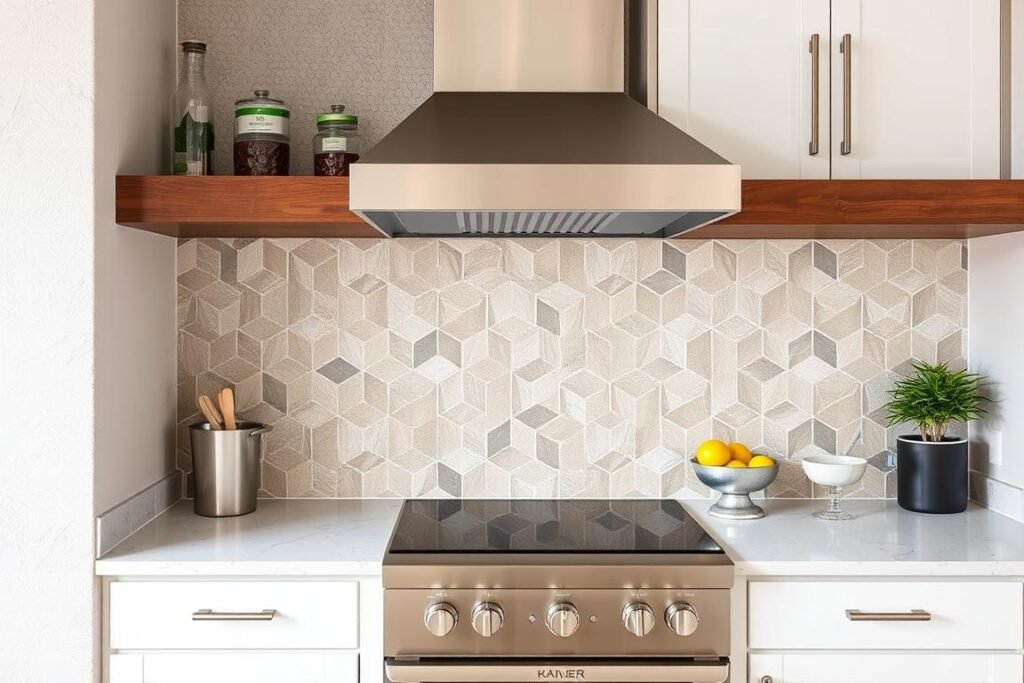 Modern outdoor kitchen backsplash with geometric tile pattern Modern outdoor kitchen backsplash with geometric tile pattern