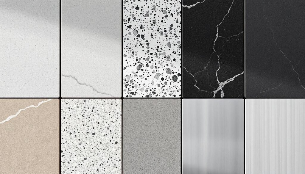 Modern outdoor kitchen countertop material samples showing different textures and finishes Modern outdoor kitchen countertop material samples showing different textures and finishes