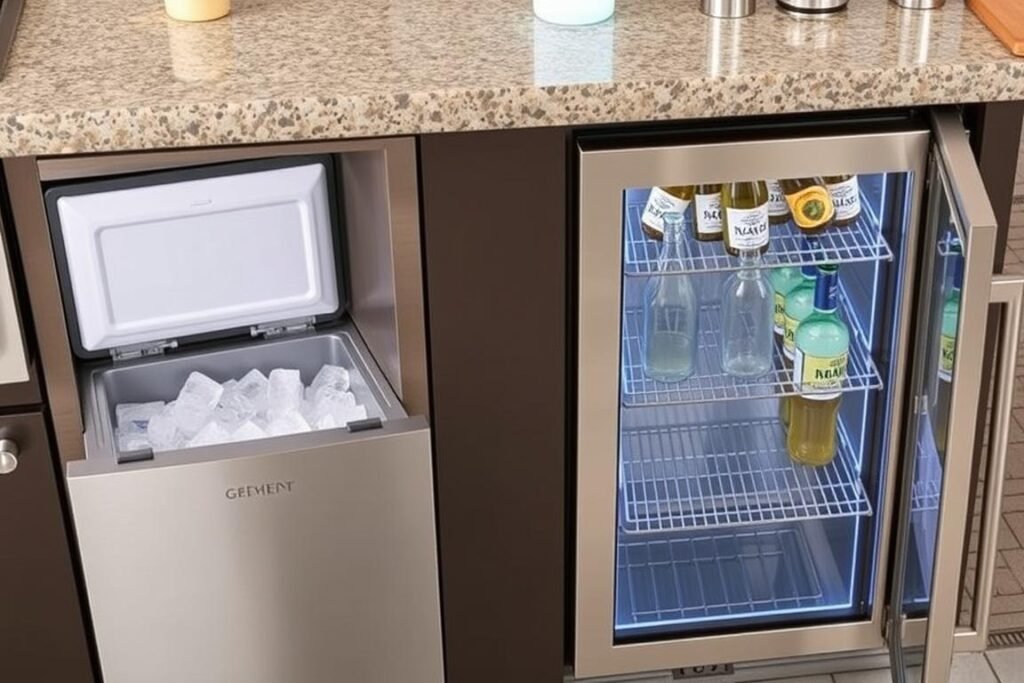 Modern outdoor kitchen with built-in ice maker and beverage center Modern outdoor kitchen with built-in ice maker and beverage center