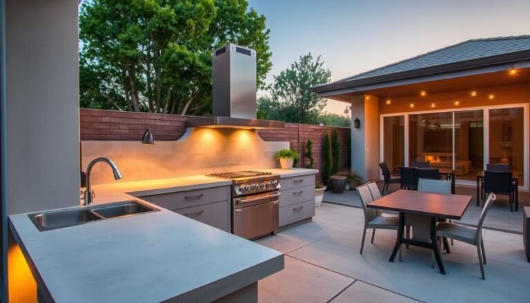 Modern outdoor kitchen with sleek countertops, built-in grill, and minimalist design elements