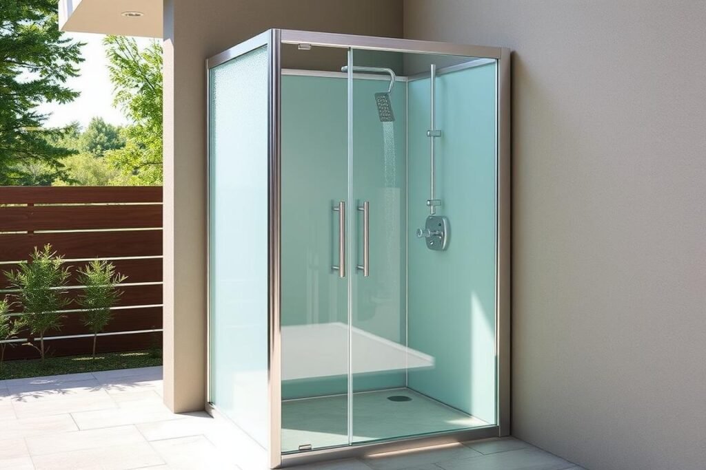 Modern outdoor shower kit with aluminum frame and frosted glass panels