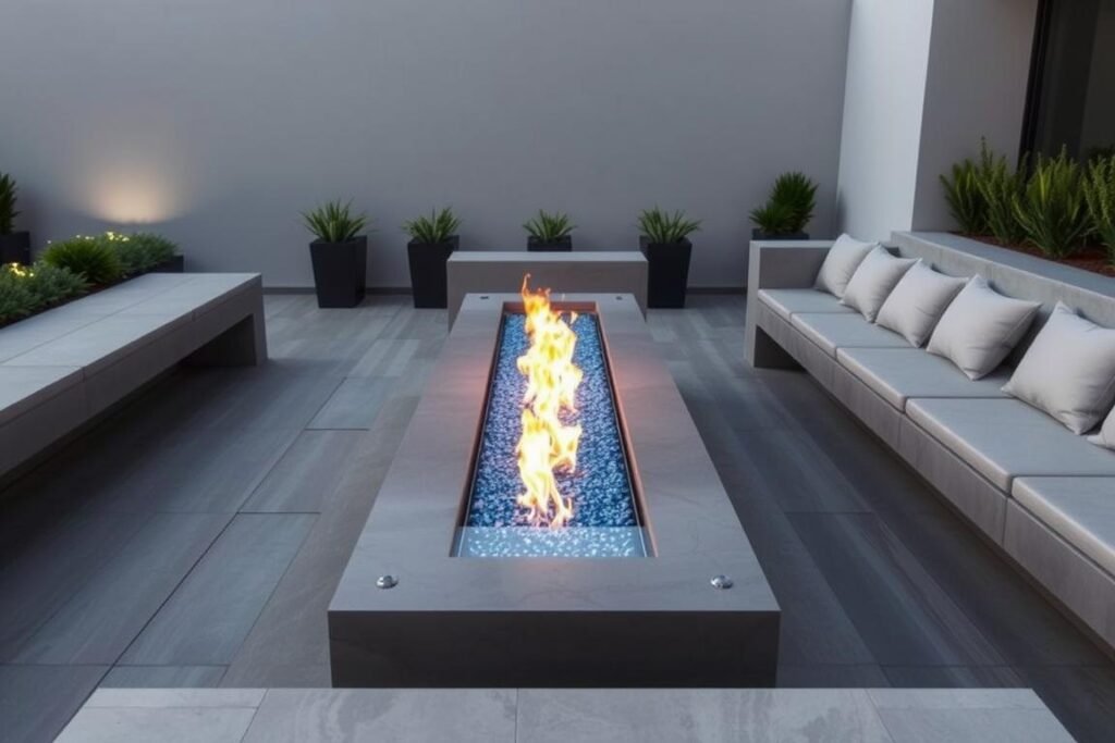 Modern rectangular outdoor fire pit area with built-in seating