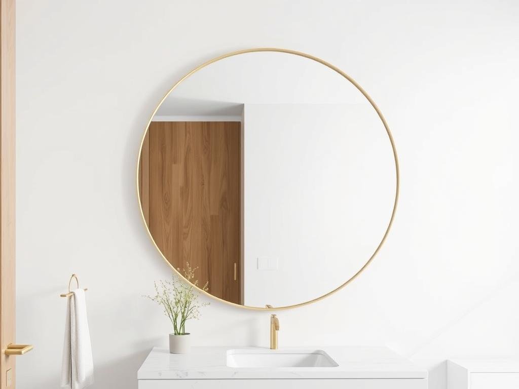 Modern round gold mirror with thin frame in a contemporary bathroom setting Modern round gold mirror with thin frame in a contemporary bathroom setting