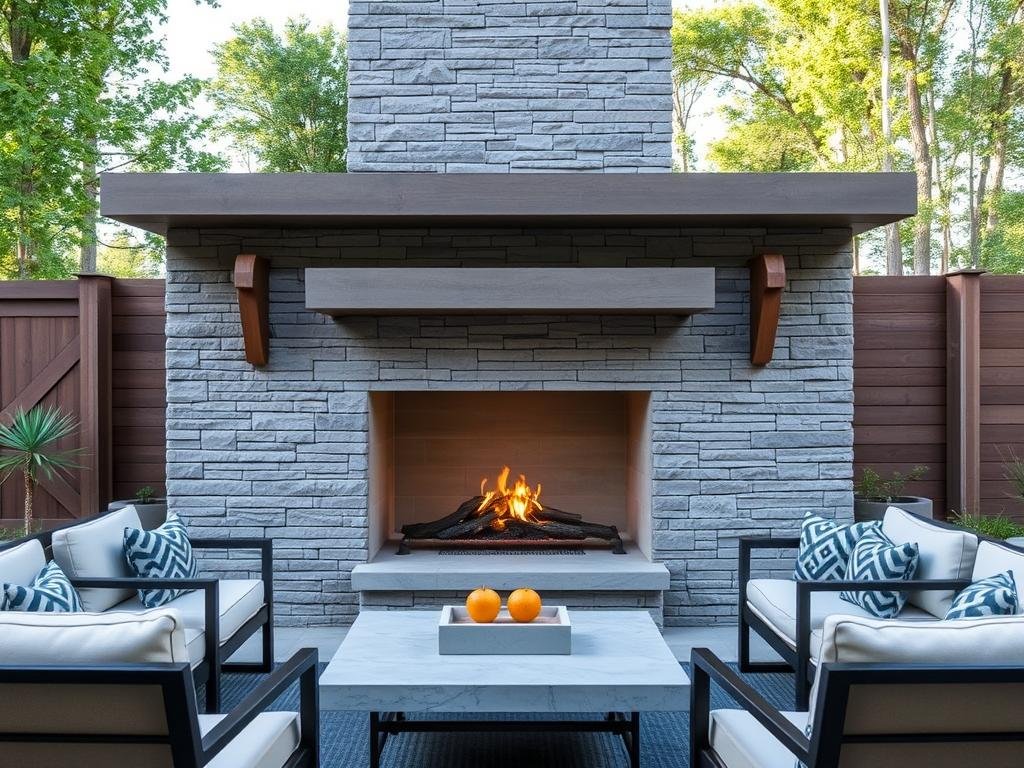 Modern rustic outdoor fireplace with clean lines and natural stone