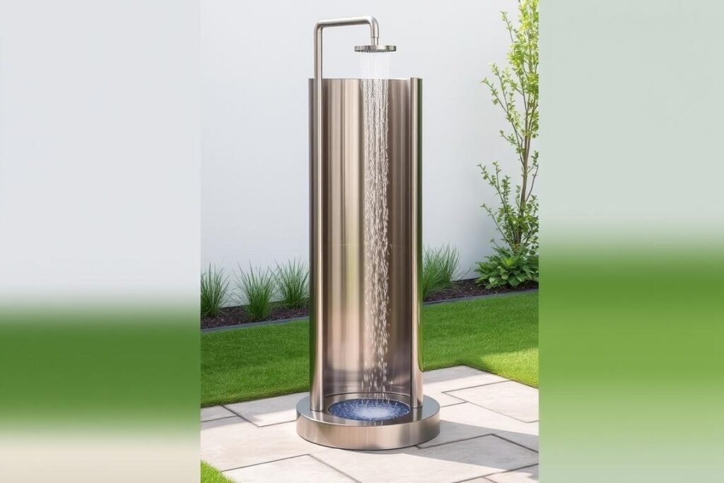 Modern stainless steel freestanding outdoor shower with platform base
