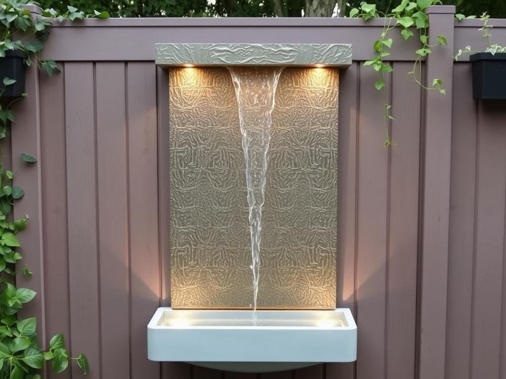 Modern wall fountain mounted on outdoor privacy wall